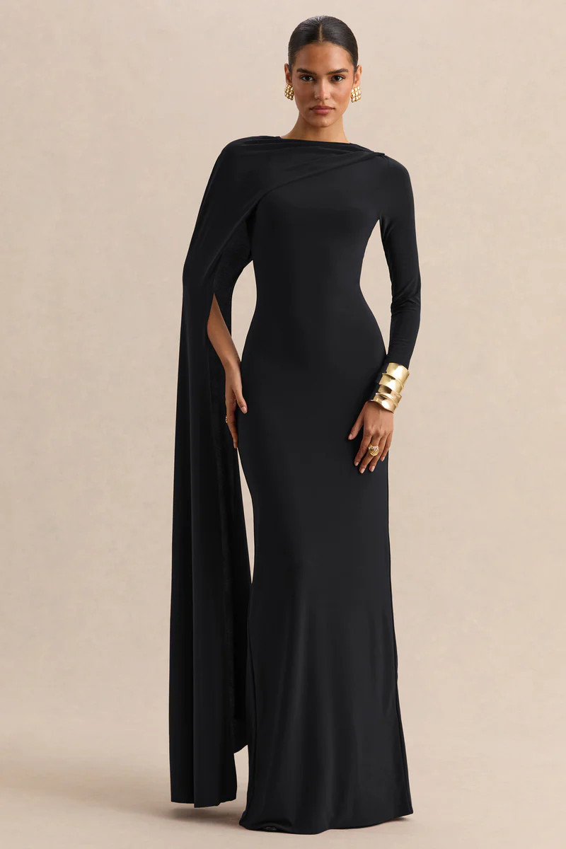 Halina  Black High-Neck Maxi Dress With Cape-Sleeve | Club L London