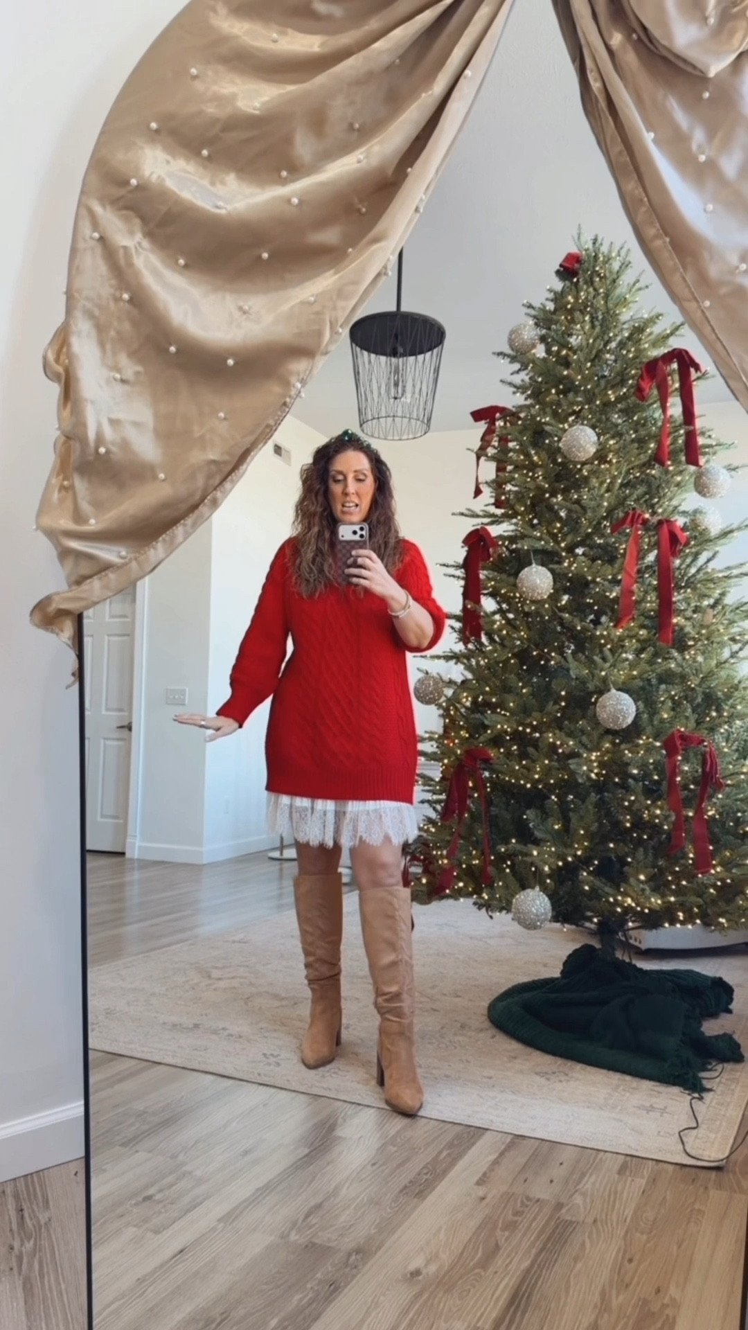 For our Christmas Breakfast at church I wore one of my NYC outfits from our red night. We had themes for each day and evening to keep our looks cohesive for photos which made packing very easy! 
A slip skirt paired with an oversized sweater is very on trend this season, and the red color way along with my green accessories kept it holiday festive!

#LTKTall #LTKootd #LTKHoliday