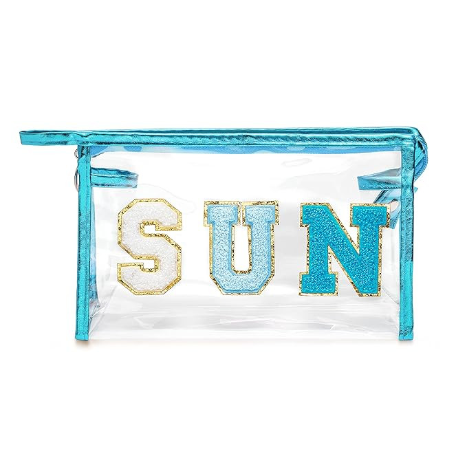 Y1tvei Preppy Patch SUN Varsity Letter Cosmetic Toiletry Bag Transparent PVC Zipper Makeup Bag Cl... | Amazon (US)