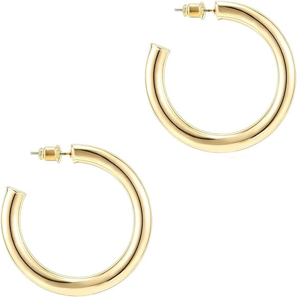 PAVOI 14K Gold Plated Lightweight Chunky Open Hoops | Gold Hoop Earrings for Women | Amazon (US)