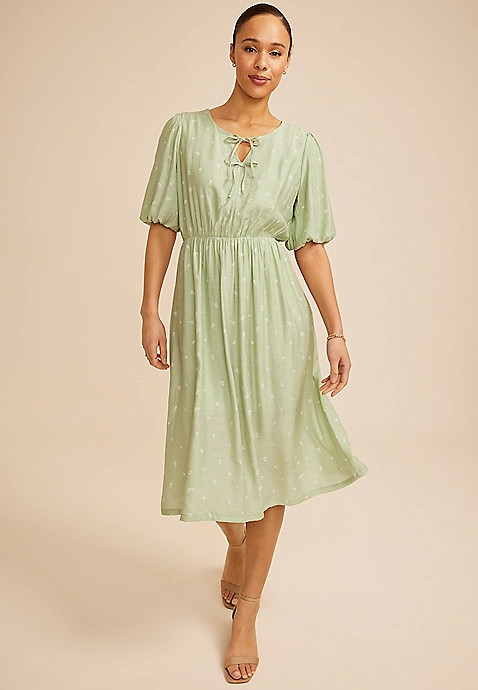 Floral Bubble Sleeve Tie Front Midi Dress | Maurices