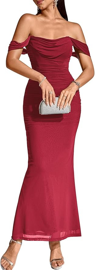 KUTUMAI Off The Shoulder Maxi Long Dress Corset Ruched Bodycon Formal Wedding Guest Dresses for W... | Amazon (US)