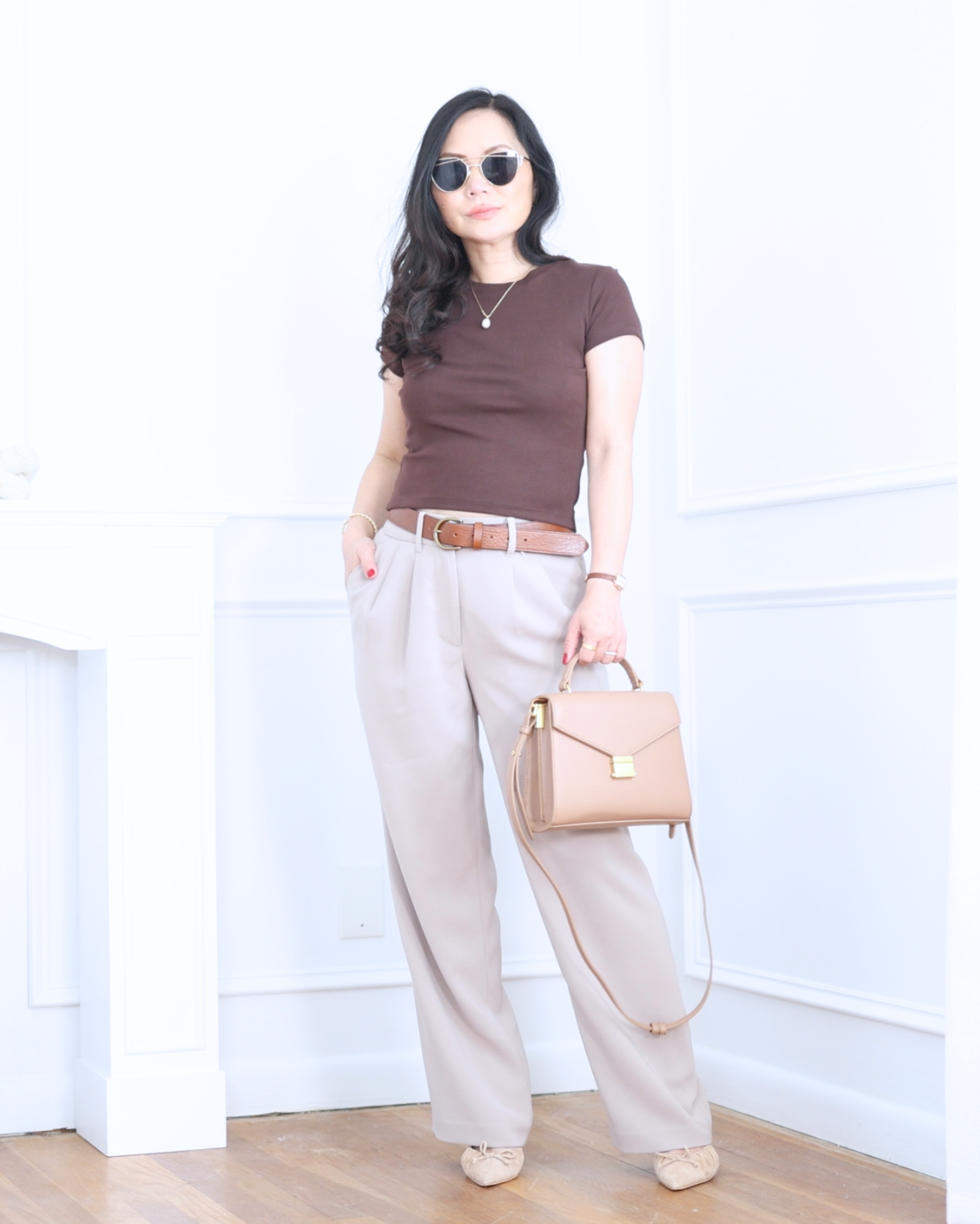 Brown cropped tee from Uniqlo paired with crepe wide-leg pants from Quince and heeled mules — relaxed, flattering, and effortlessly polished with a modern feel. I'm 5'2, wearing size S. 

 #LTKootd #LTKOver40 #LTKPetite