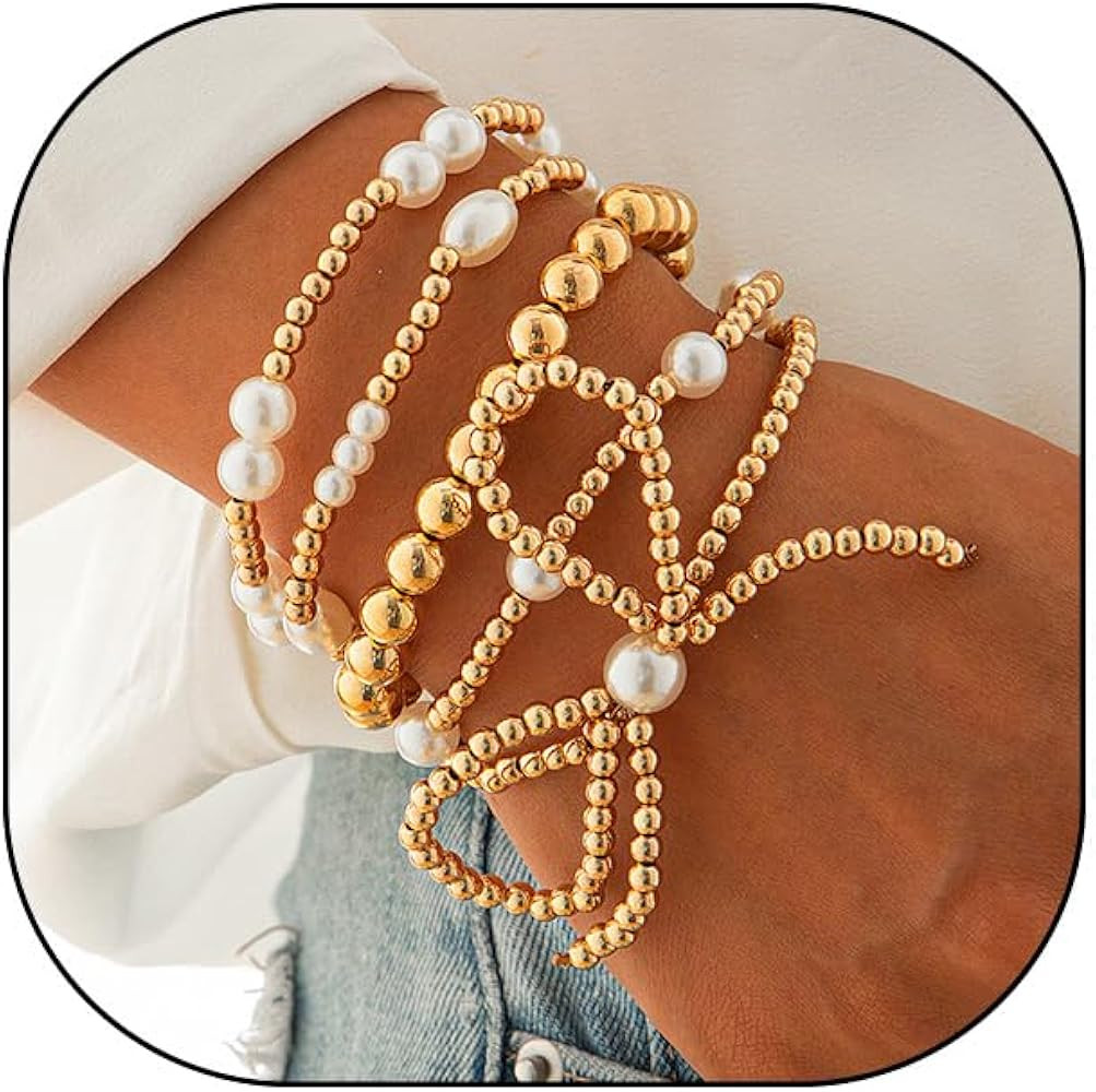 YOOESTORES82 Gold Bead Bow Bracelet Set Beaded Bowknot Bracelets For Women Stretch Pearl Stackabl... | Amazon (US)