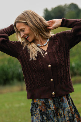 Chloe Cable Knit Cardigan in Chocolate with Gold Buttons | Duffield Lane