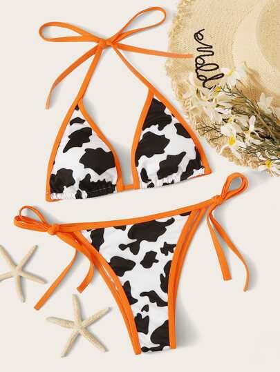 Cow Pattern Triangle Tie Side Bikini Swimsuit | SHEIN