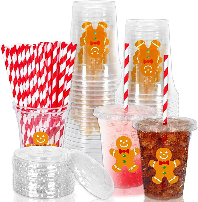 Whaline 50Pcs Christmas Disposable Plastic Cups with Lids and Straws 12oz Party Cups Gingerbread ... | Amazon (US)