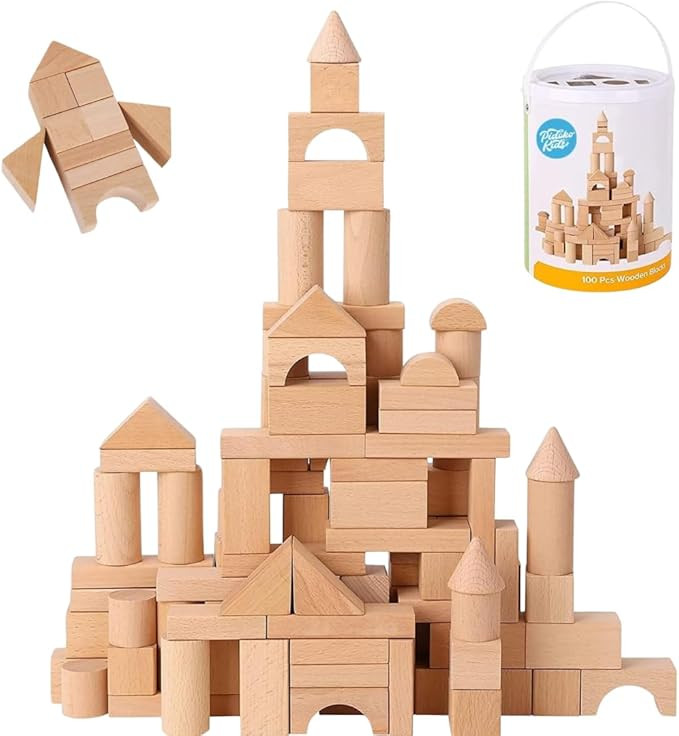 Pidoko Kids Wooden Blocks - 100 Pcs - Building Blocks for Toddlers - Includes Storage Container w... | Amazon (US)