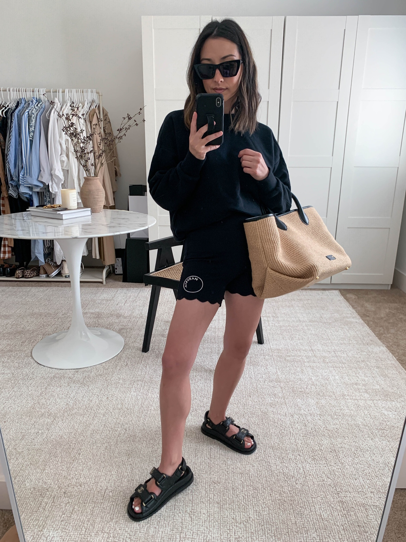 Everyday #ootd. Chanel dad sandals. 

Sweatshirt - Sweaty Betty xs
Shorts - Marysia xs
Sandals - Chanel 35. 
Tote - Khaite medium
Sunglasses - YSL