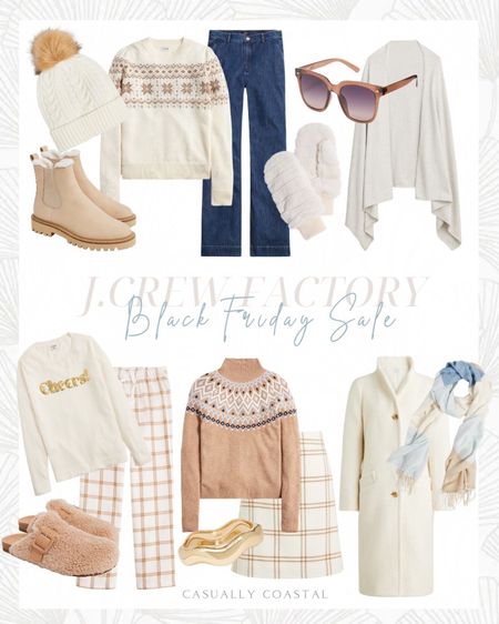 Winter whites and soft muted tones from J.Crew Factory on sale! Perfect gifts and a treat for yourself! Everything is 50%-70% off, with free shipping! 
- 
wool coat, fair isle sweaters, neutral sweaters, pom pom beanie, women's pajamas, women's slippers, scarves, ankle boots, wool plaid skirt, cotton sweater, denim trouser pants, trouser jeans, wide leg jeans, dark jeans, wrap scarf, wavy bangle, gold bracelets, fur mittens, sunglasses, casually coastal, gifts, black friday sales, gifts for her, gifts for women, cozy gifts, gifts for mom, gifts for sister, gifts for girlfriend, jewelry gifts, holiday skirts, winter jackets, white jackets 

#LTKCyberWeek #LTKfindsunder100 #LTKsalealert