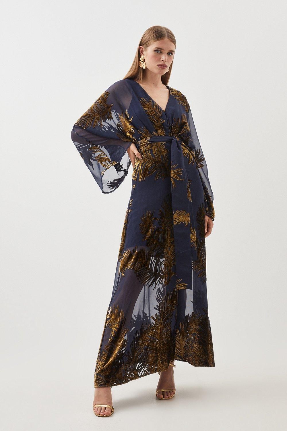 Feather Devore Woven Kimono Maxi Dress | Karen Millen US