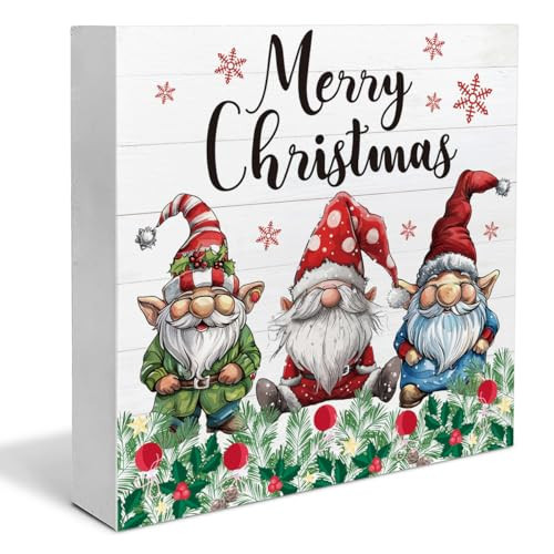 Christmas Signs, Merry Christmas Wooden Sign Decor, Christmas Gnomes Wooden Block Sign, Indoor Christmas Decor for Table Shelf 5 x 5 Inch | Amazon (US)