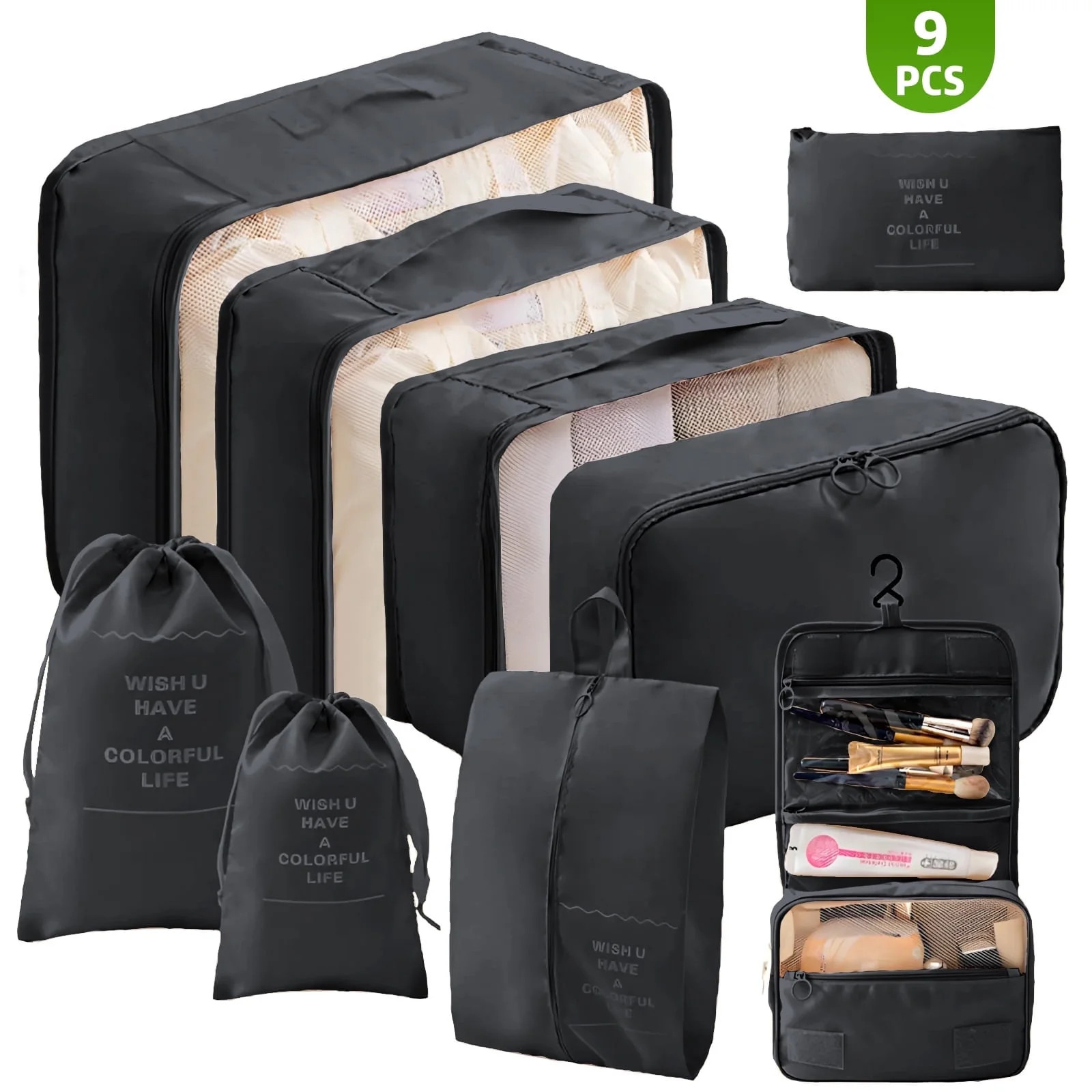 9 Set Packing Cubes for Travel, Durable Luggage Organizer Set with Hanging Toiletry Bag & Shoe Ba... | Walmart (US)
