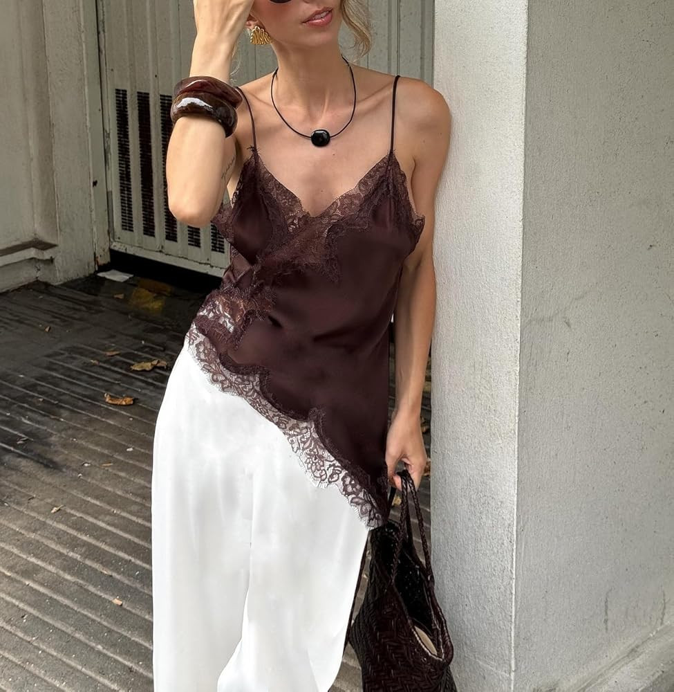 Silk Lace Trim Camisole Tops for Women Satin Asymmetrical Tank Top Backless Lace Patchwork Cami G... | Amazon (US)
