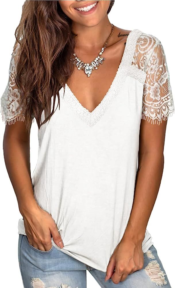 WMZCYXY Womens Lace Short Sleeve Tops V Neck Summer T Shirt Dressy Casual Blouses | Amazon (US)