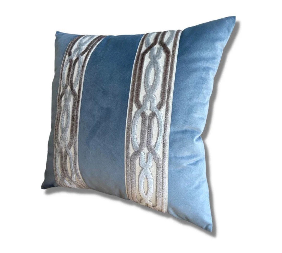 Pillow Cover Dusty Blue Velvet French Blue Grey Ribbon Trim - Etsy | Etsy (US)