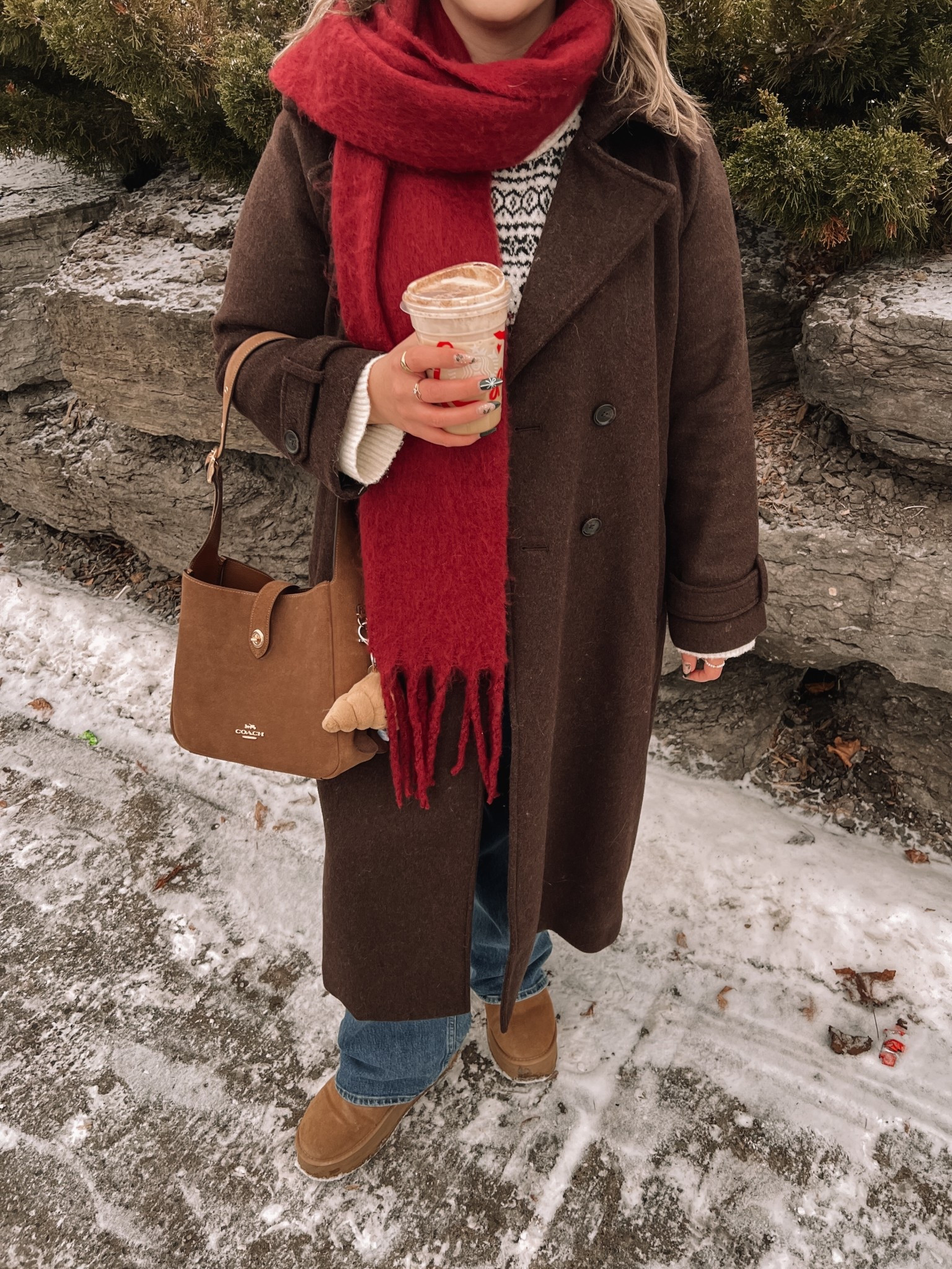 Festive winter outfit! Wearing my usual size L in the chocolate brown wool coat, and 32 in my all time fave jeans. Ugg style boots are from Amazon and such good quality, I’m a 9.5-10 and wear a 10. Linked similar neutral fair isle sweaters


#LTKmidsize #LTKsale #LTKwinter