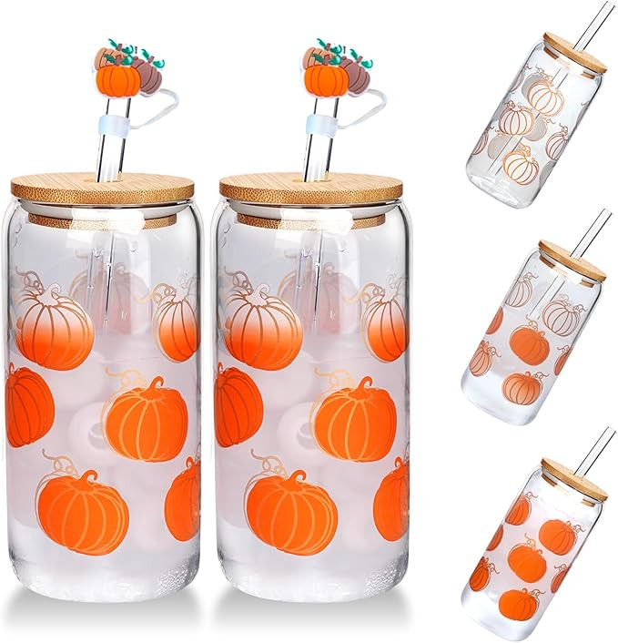 ANOTION Fall Glass Cups - Color Changing Cups with Lids and Straws Unique Autumn Decor & Iced Cof... | Amazon (US)