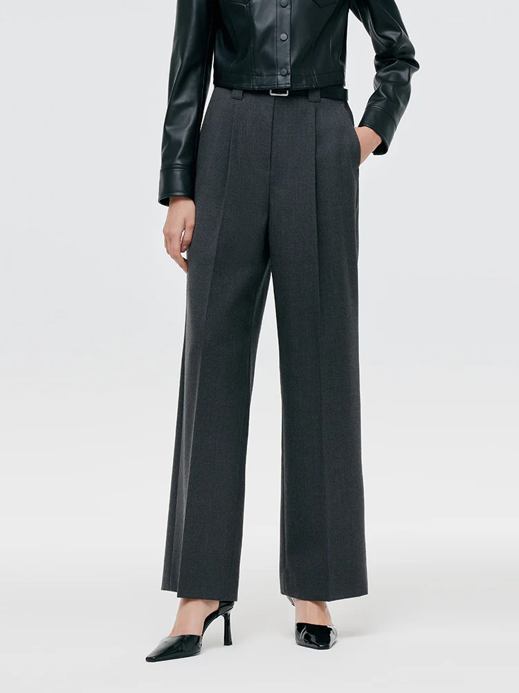 Worsted Wool Women Wide Leg Pants With Leather Belt | GOELIA