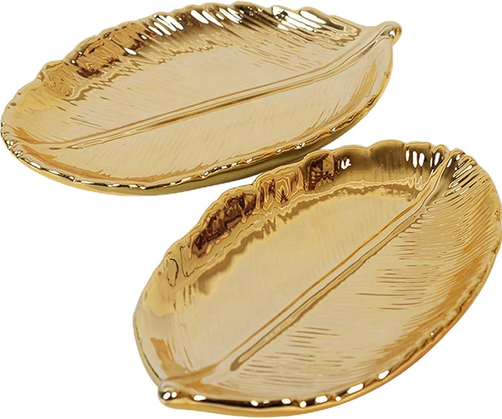Shining Gold Leaf Ceramic Storage Tray Cosmetics Jewelry Display Platter Table Sundry Organize Sn... | Amazon (US)