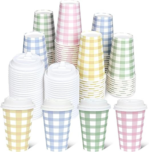 100 PACK 12OZ Gingham Disposable Coffee Cups with Lids, Colorful Disposable Plaid To Go Paper Cof... | Amazon (US)