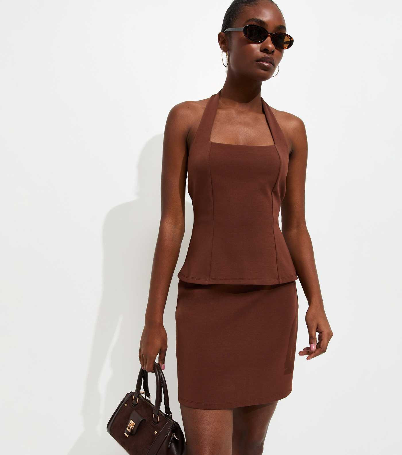 Dark Brown Halterneck Peplum Mini Dress | New Look | New Look (UK)