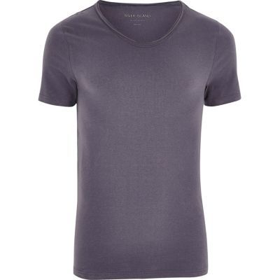 Dark grey scoop V-neck muscle fit T-shirt | River Island (US)