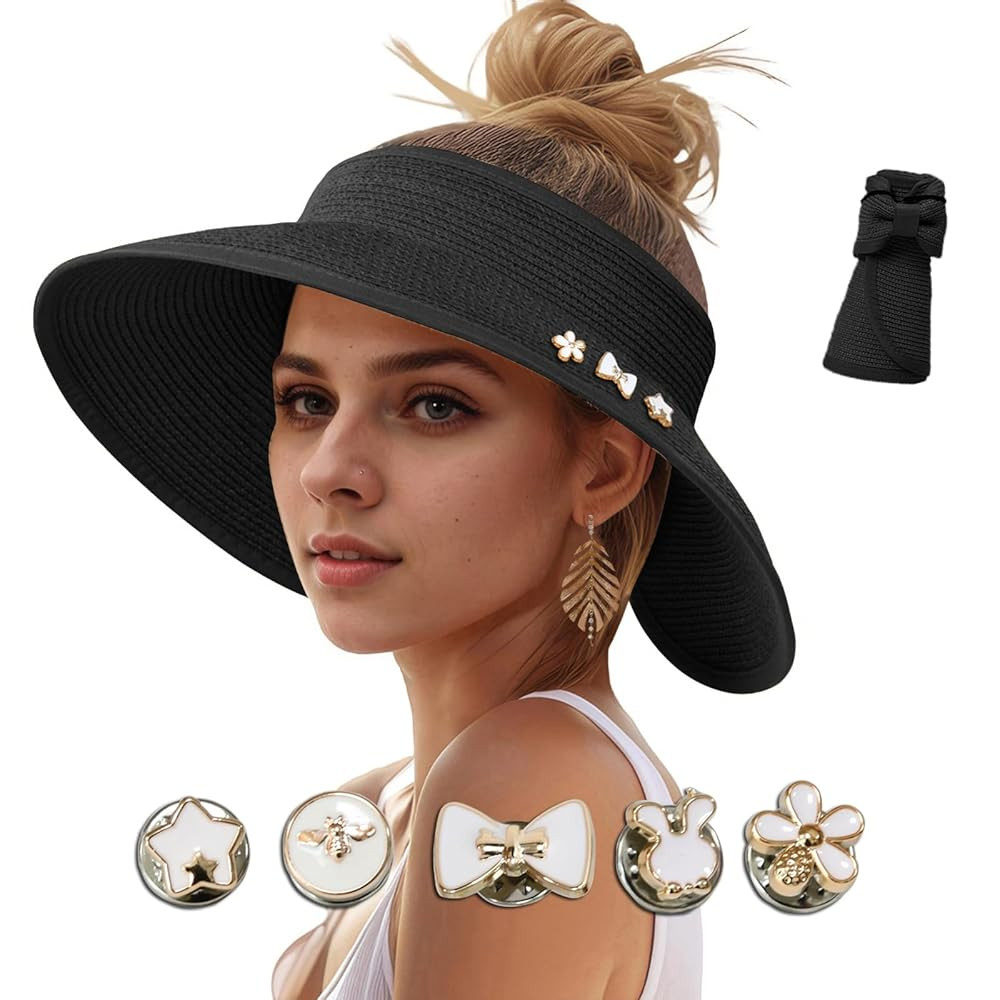 Sun Hats Visor for Women, UV UPF Straw Beach Hat Foldable Wide Brim Ponytail Summer Hats Packable... | Amazon (US)