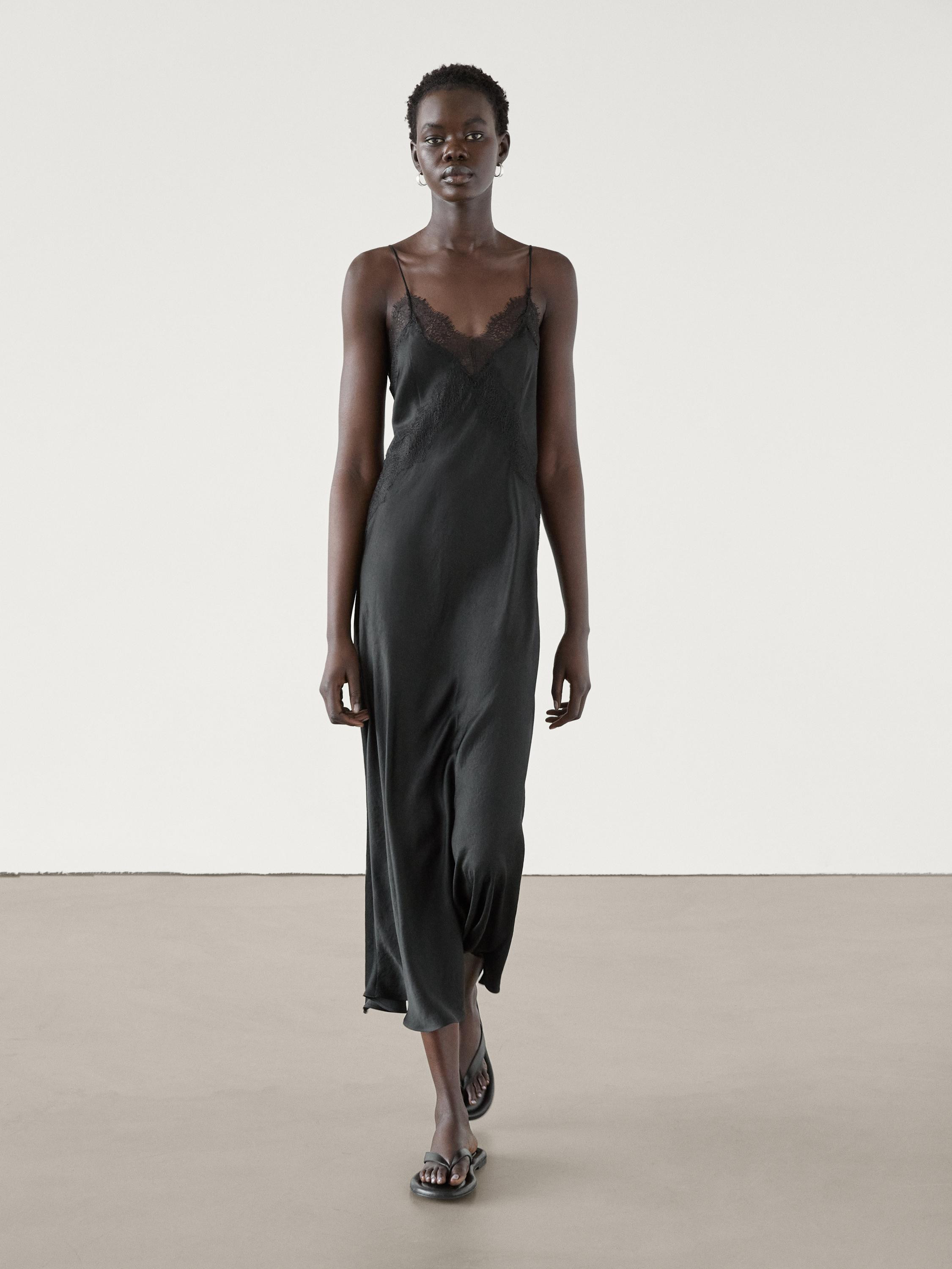 Lace midi slip dress  £129.00 Camisole Dress. Midi dress. Lace-trimmed midi dress. V-neck . Stra... | Massimo Dutti UK