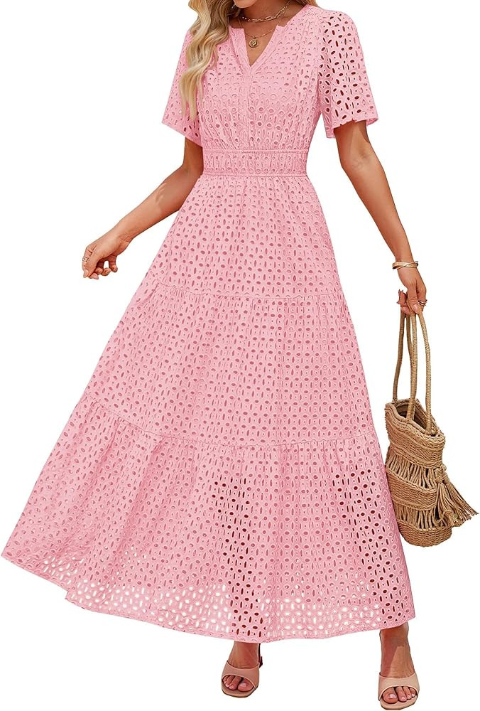 ZESICA Women's 2026 Summer Short Sleeve Maxi Dress Casual V Neck Hollow Out Eyelet Ruffle Swing A... | Amazon (US)