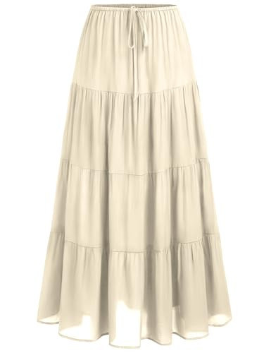 Skrtimory Maxi Skirts for Women Tiered Long Skirts Pleated A Line Adjustable Elastic Waist with Drawstring Flowy Long Skirt Beige | Amazon (US)