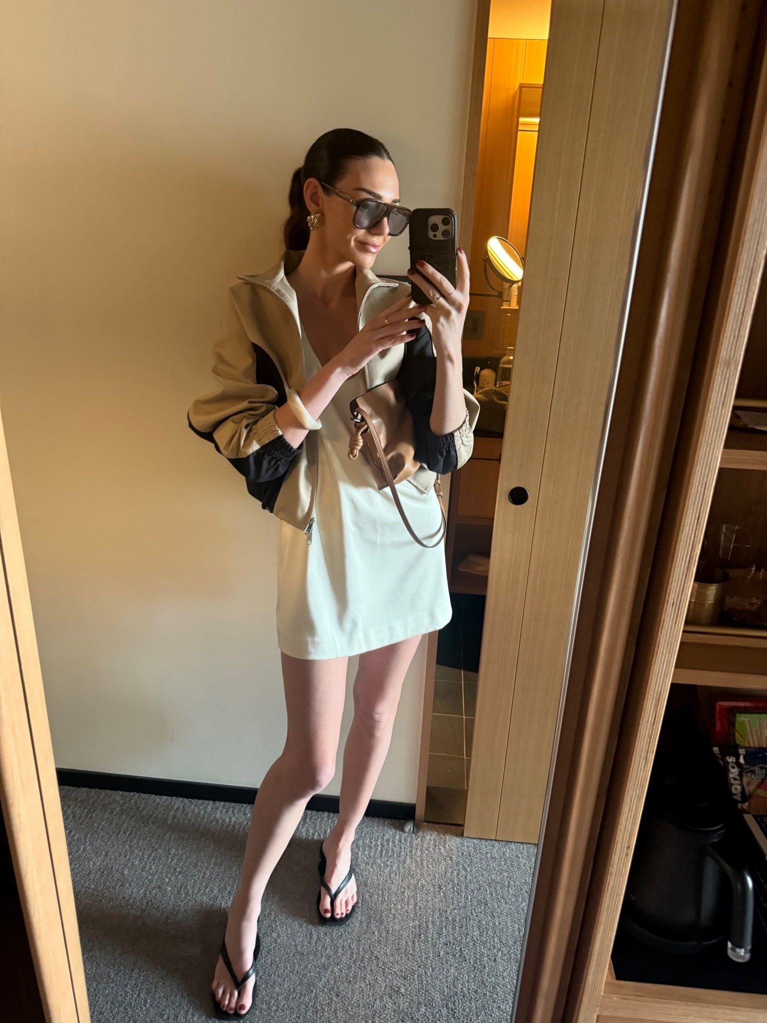 Kyoto dinner outfit ✌🏻 

Henne mini dress in cream 
Deering jacket 
Oversized sunglasses 
Black thong sandals by A emery 
Loewe tan leather bag 

#LTKaustralia #LTKspring #LTKstyletip