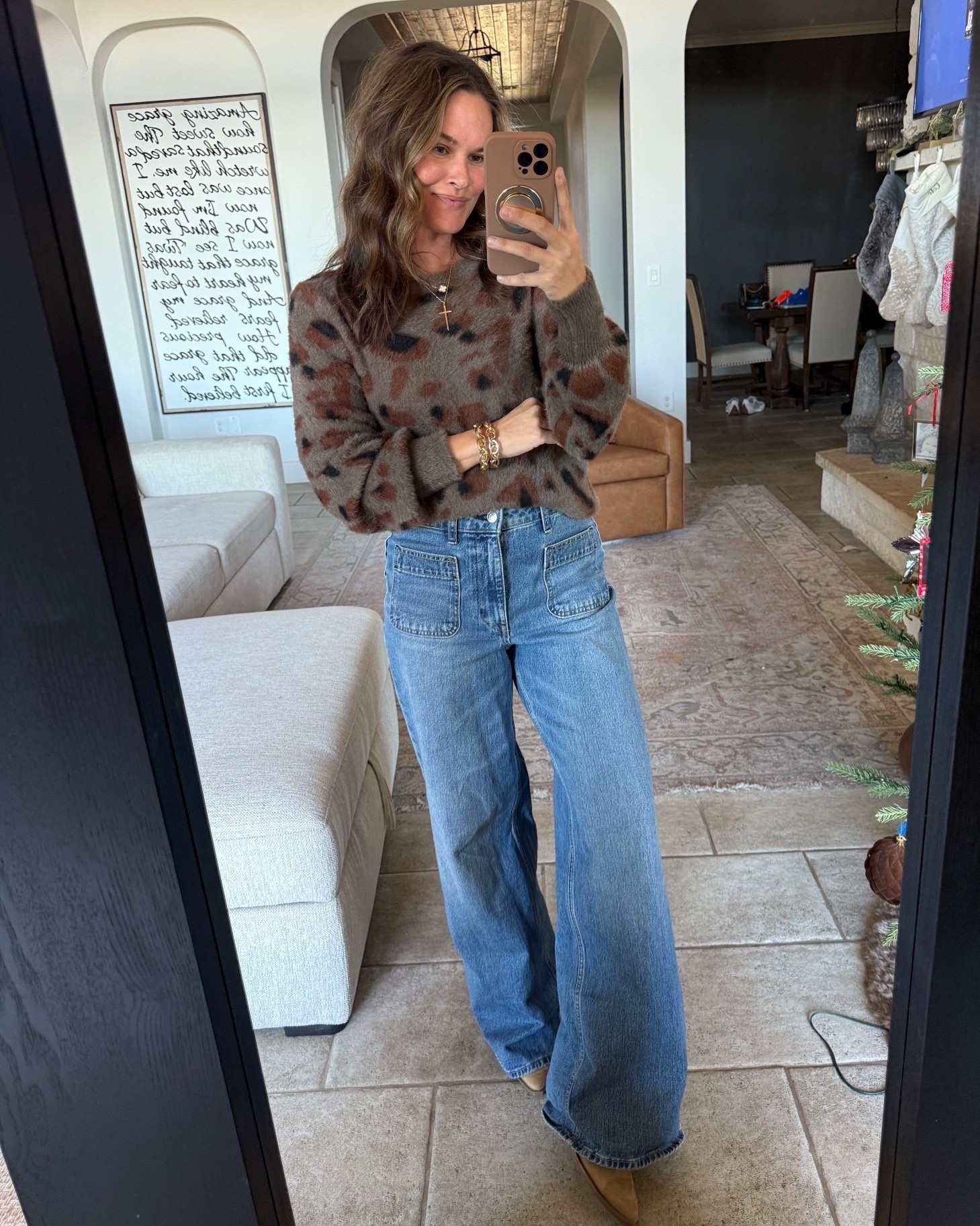 Love this cozy Walmart outfit- jeans are under $25 and remind me of anthro- and love this soft sweater the print is so fun #walmart #casualoutfit #casualfinds #walmartfashion 

#LTKFindsUnder50 #LTKootd #LTKgrwm