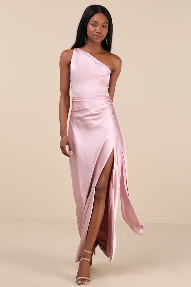 Signature Elegance Dusty Lavender Satin One-Shoulder Maxi Dress | Lulus