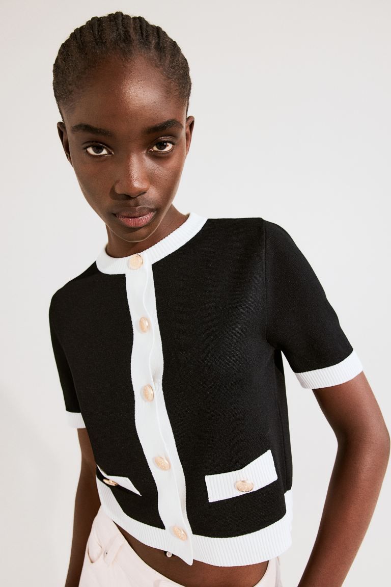 Short-sleeved cardigan - Black/White - Ladies | H&M GB | H&M (UK, MY, IN, SG, PH, TW, HK)