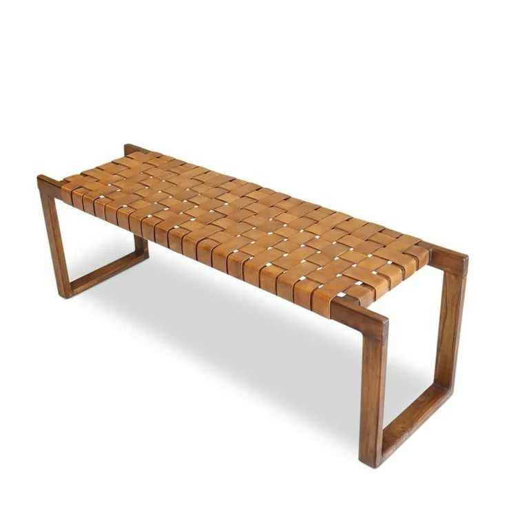 Elenor Mid-Century Rectangular Genuine Leather Upholstered Bench in Cognac | Walmart (US)