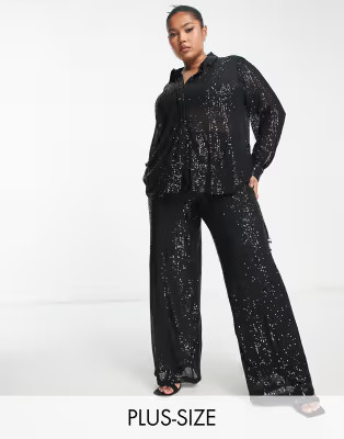 Vila Curve sequin wide leg pants in black - part of a set | ASOS (Global)