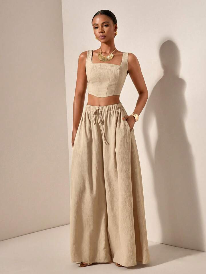 Zivah 2025New Spring/Summer Vacation Casual Fishbone Strap Top & Wide Leg Pants With Pockets 2 Pieces Set, Textured Fabric Material - B | SHEIN