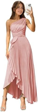 One Shoulder Satin Bridesmaid Dresses Long for Women 2026 High Low A Line Pleated Formal Evening ... | Amazon (US)