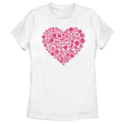 Women's Marvel Universe Logo Heart Icons T-Shirt | Target