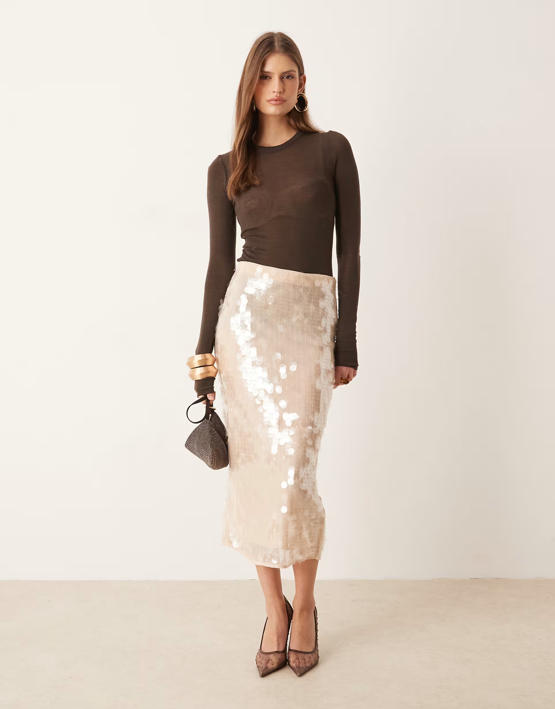 Mango sequin midi skirt in beige | ASOS (Global)