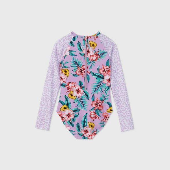 Girls' Animal and Floral Print Long Sleeve Back-Zip One Piece Swimsuit - art class™ Lilac | Target