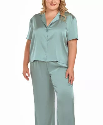 iCollection Women's Plus Size Satin Notch Shirt and Pant PJ Set, Sage, 1X | Belk