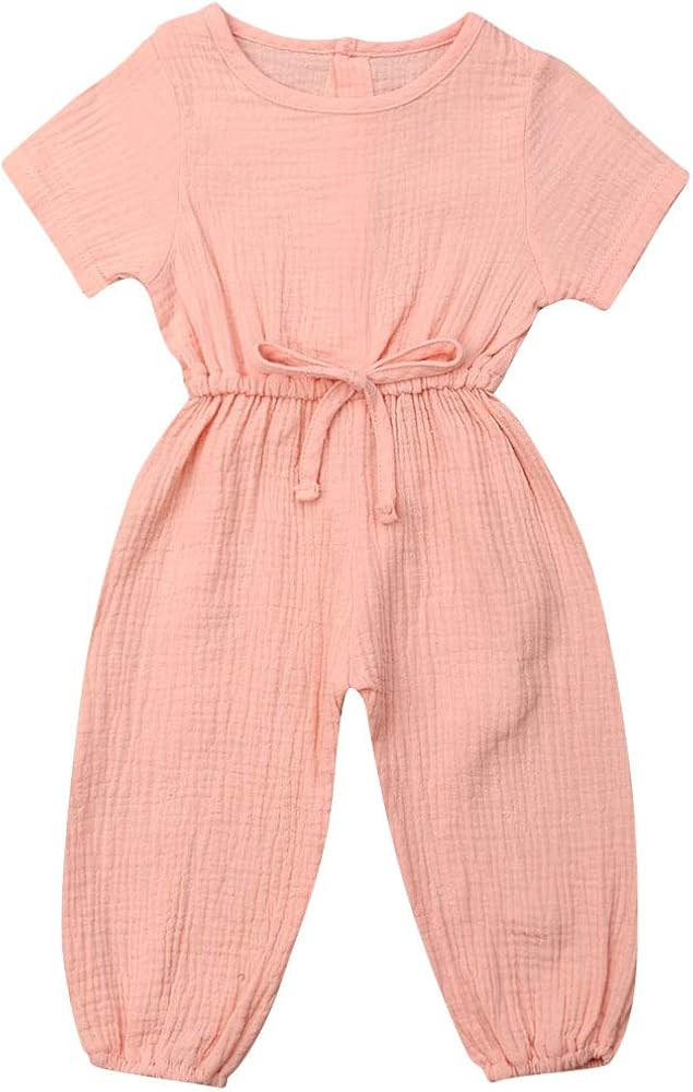 Mubineo Toddler Baby Girl Summer Fall Basic Plain Short Sleeve Cotton Linen Drawstring Romper Jum... | Amazon (US)