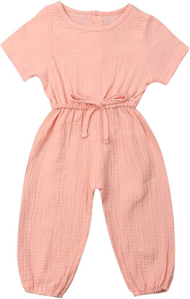 Mubineo Toddler Baby Girl Summer Fall Basic Plain Short Sleeve Cotton Linen Drawstring Romper Jum... | Amazon (US)