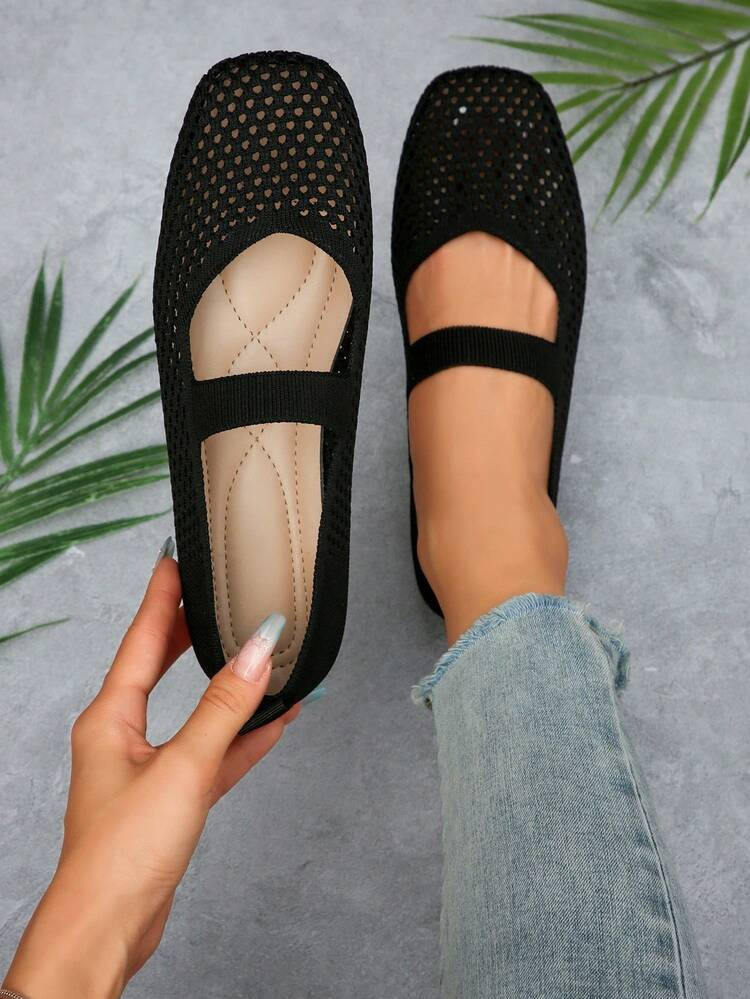 Women's Woven Mary Jane Flat Shoes, Square Toe Mesh Breathable Shoes, Comfortable Elegant Flat Knitted Casual Shoes, School Shoes | SHEIN