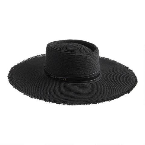 Black Straw Frayed Edge Flat Top Hat | World Market