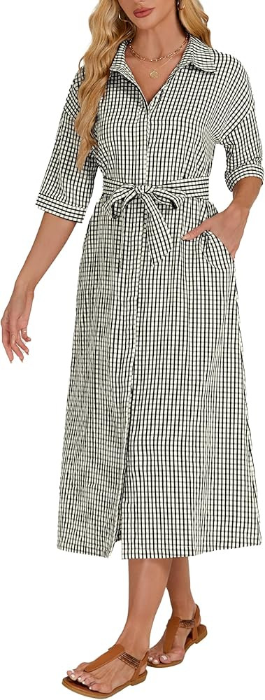 Women's Half Sleeve Plaid Midi Dress Collar V Neck Belted Casual Button Down Long Loose Dress | Amazon (US)