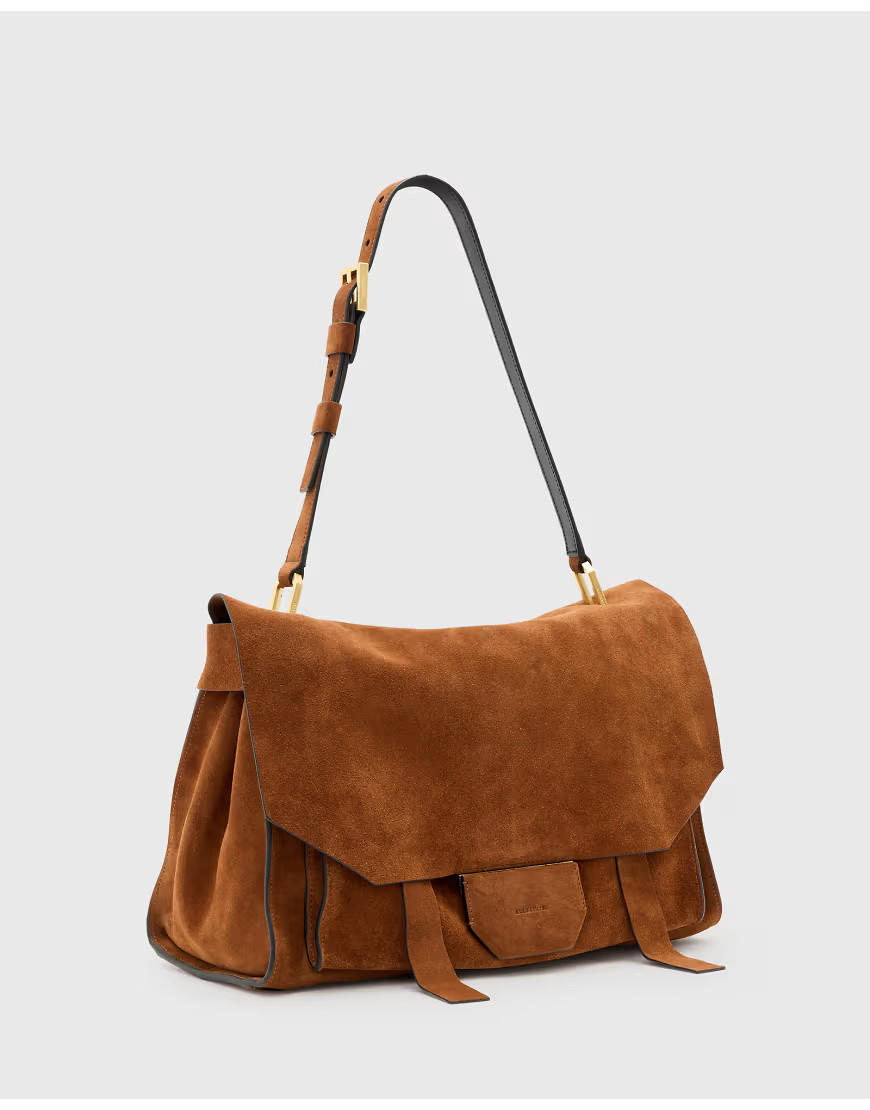 AllSaints ursa suede satchel bag in brown | ASOS (Global)