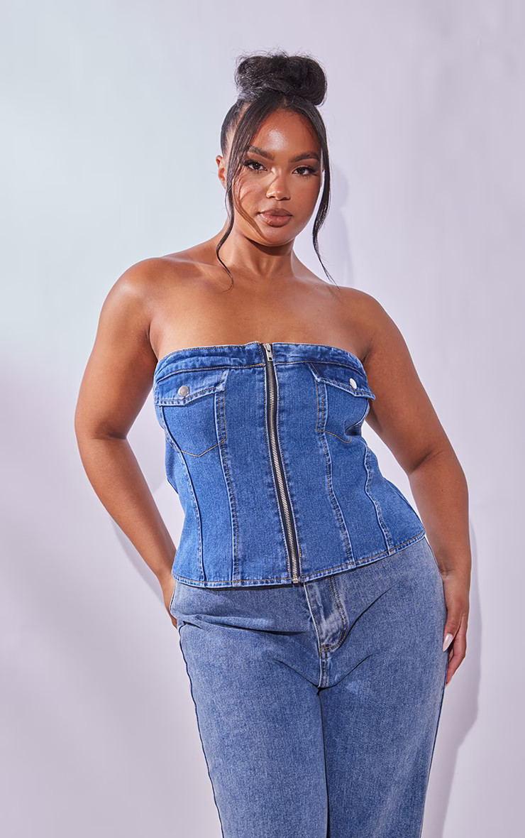 Plus Mid Blue Wash Bandeau Zip Up Denim Corset | PrettyLittleThing US